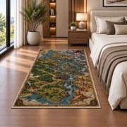 Fantasy river valley map rug with forest settlements and mountain fortress in a bedroom beside a bed