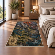 Dark mountain map rug with fiery volcano, waterfalls, and castles in a bedroom beside a bed