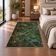 Enchanted swamp map rug with green marsh islands and winding blue waterways in a bedroom beside a bed