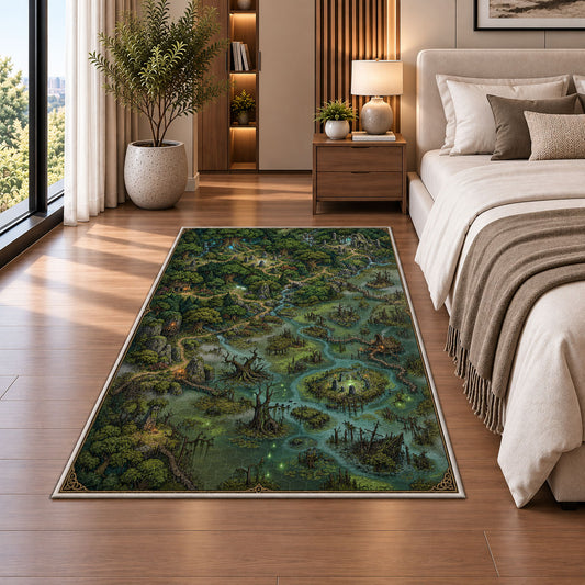Enchanted swamp map rug with green marsh islands and winding blue waterways in a bedroom beside a bed