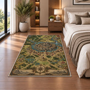 Medieval walled city map rug with surrounding rivers, roads, and compass in a bedroom beside a bed