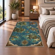 Fantasy archipelago map rug with blue ocean, castle islands, and sailing vessels in a bedroom beside a bed