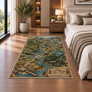 Fantasy trade route map rug with winding rivers, bridges, and woodland towns in a bedroom beside a bed