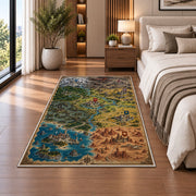 Fantasy campaign map rug with colorful kingdoms, flags, castles, and coastal terrain in a bedroom beside a bed