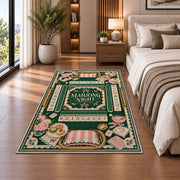 Green and pink mahjong night rug in a bedroom beside a bed