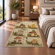 Vintage forest forager mushroom chart rug in a bedroom beside the bed