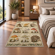 Vintage wild mushroom identification chart rug in a bedroom beside the bed