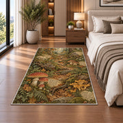 Autumn woodland path with toadstools rug in a bedroom beside the bed