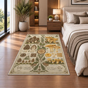 Vintage morel and chanterelle botanical study rug in a bedroom beside the bed