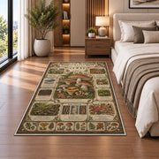 Vintage woodland mushroom almanac rug in a bedroom beside the bed