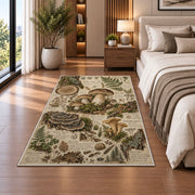 Vintage forest floor naturalist sketch rug in a bedroom beside the bed