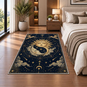Sun and moon faces celestial rug in a bedroom beside the bed