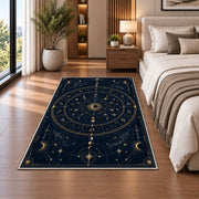 Astrology chart wheel with moon phases rug in a bedroom beside the bed