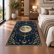 Full moon zodiac circle with floral corners rug in a bedroom beside the bed