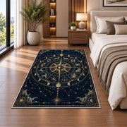 Zodiac compass star with constellations rug in a bedroom beside the bed