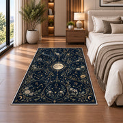 Floral celestial full moon night sky rug in a bedroom beside the bed