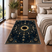 Solar eclipse zodiac with moon phases rug in a bedroom beside the bed