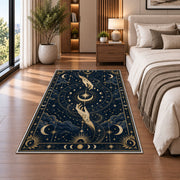 Mystic hands reaching for a crescent moon rug in a bedroom beside the bed