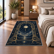 Moonlit celestial arch over the sea rug in a bedroom beside the bed