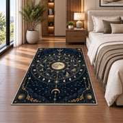 Full moon zodiac signs wheel rug in a bedroom beside the bed