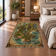 Vintage skull island treasure map rug in a bedroom beside the bed