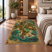 Turquoise treasure island map rug in a bedroom beside the bed