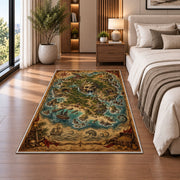 Vintage skull mountain pirate map rug in a bedroom beside the bed