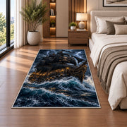Black pirate ship in a stormy sea rug in a bedroom beside the bed