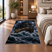 Lantern-lit pirate galleon in a lightning storm rug in a bedroom beside the bed
