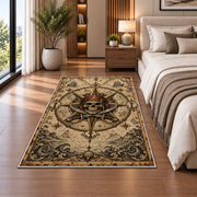 Pirate skull compass rose with crossed swords rug in a bedroom beside the bed