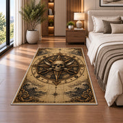 Sepia skull compass with crossed cutlasses rug in a bedroom beside the bed