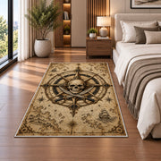 Light parchment skull nautical chart rug in a bedroom beside the bed