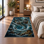 Kraken attacking a ship in a stormy sea rug in a bedroom beside the bed