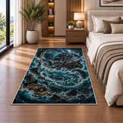 Kraken whirlpool shipwreck rug in a bedroom beside the bed