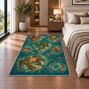 Pirate archipelago map with volcano and skull island rug in a bedroom beside the bed