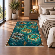 Tropical atoll pirate map rug in a bedroom beside the bed