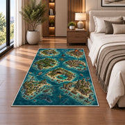 Pirate cove island map with shipwreck and sharks rug in a bedroom beside the bed