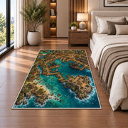 Aerial pirate harbor town with fortress rug in a bedroom beside the bed