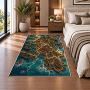 Aerial pirate port city with docks rug in a bedroom beside the bed