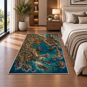 Aerial pirate docks with galleons rug in a bedroom beside the bed