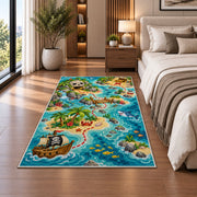 Cartoon kids pirate treasure map rug in a bedroom beside the bed