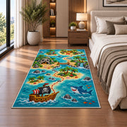 Cartoon pirate adventure island map rug in a bedroom beside the bed