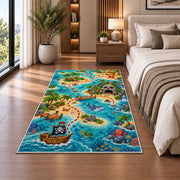 Cartoon treasure hunt map with sea animals rug in a bedroom beside the bed