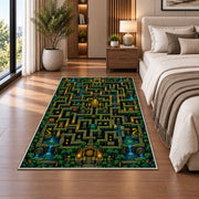 Jungle temple pixel maze rug in a bedroom beside the bed