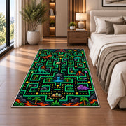 Dinosaur jungle arcade maze rug in a bedroom beside the bed