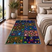Multi-level arcade game board rug in a bedroom beside the bed