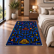Arcade maze with boss and treasure goal rug in a bedroom beside the bed