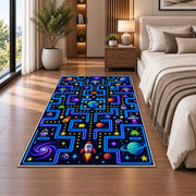 Outer space arcade maze rug in a bedroom beside the bed