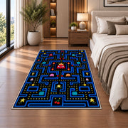 Classic neon blue arcade maze rug in a bedroom beside the bed