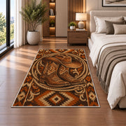 Cowboy hat and boots rug in a bedroom beside the bed